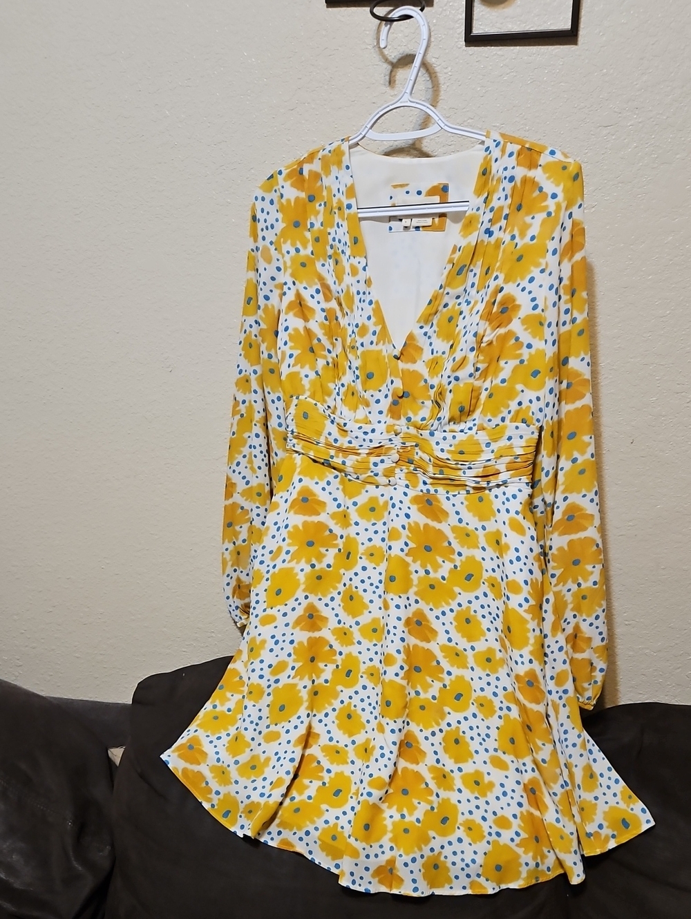 Anthropologie Yellow Floral Midi Dress with Blue Dot Accents